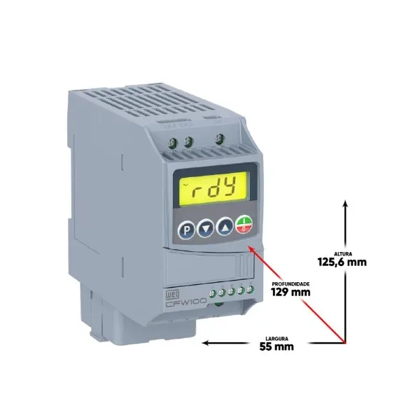 Dimensões do inversor WEG CFW100: 125,6 × 55 × 129 mm