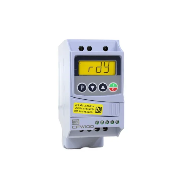 Inversor de frequência WEG CFW100, vista frontal com a IHM e o display LCD