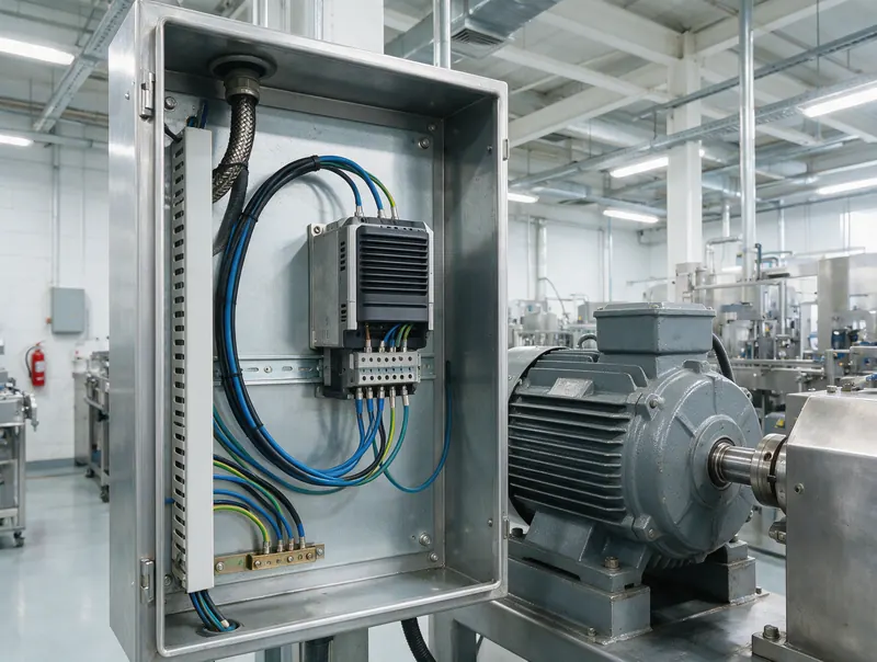 Painel elétrico com inversor de frequência em trilho DIN ao lado de motor elétrico trifásico