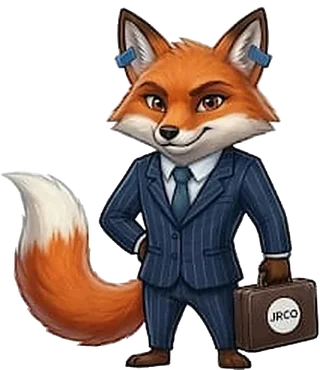 Mascote da JRCO: raposa de terno risca de giz segurando uma maleta